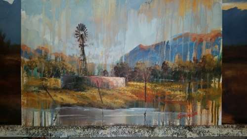 Stan Polson "Deconstruct series" landscape with windpomp.